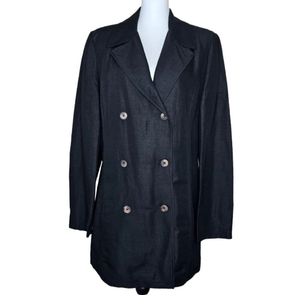 Vintage AKA Eddie Bauer Linen Double Breasted Black Jacket Size 12 TALL‎